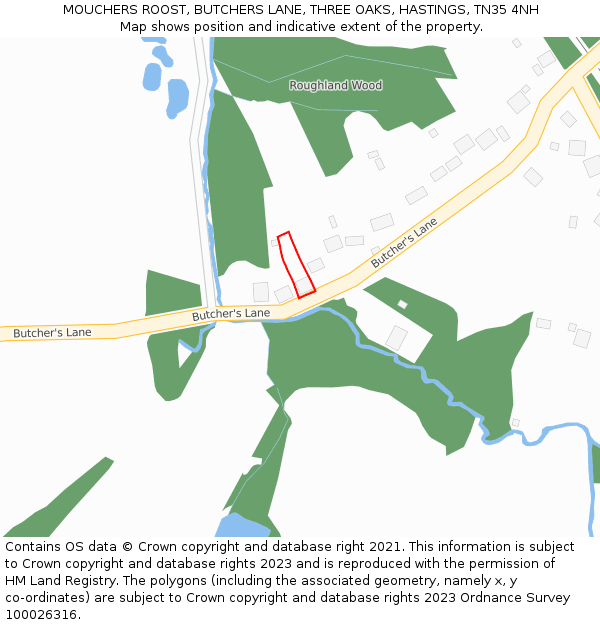 MOUCHERS ROOST, BUTCHERS LANE, THREE OAKS, HASTINGS, TN35 4NH: Location map and indicative extent of plot