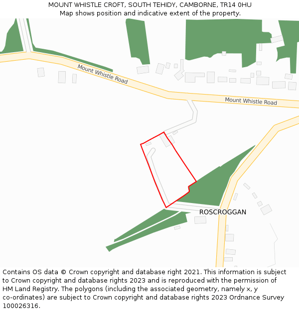 MOUNT WHISTLE CROFT, SOUTH TEHIDY, CAMBORNE, TR14 0HU: Location map and indicative extent of plot