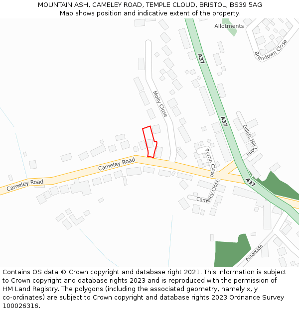 MOUNTAIN ASH, CAMELEY ROAD, TEMPLE CLOUD, BRISTOL, BS39 5AG: Location map and indicative extent of plot