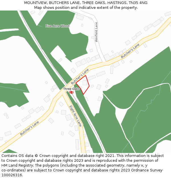 MOUNTVIEW, BUTCHERS LANE, THREE OAKS, HASTINGS, TN35 4NG: Location map and indicative extent of plot