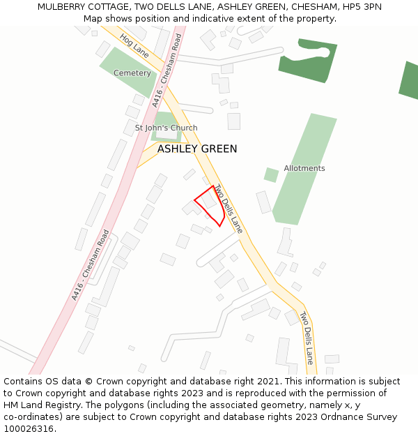 MULBERRY COTTAGE, TWO DELLS LANE, ASHLEY GREEN, CHESHAM, HP5 3PN: Location map and indicative extent of plot