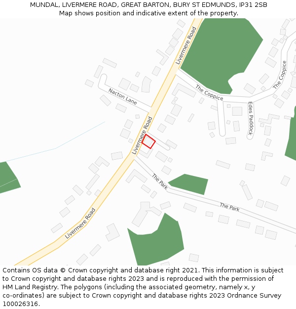 MUNDAL, LIVERMERE ROAD, GREAT BARTON, BURY ST EDMUNDS, IP31 2SB: Location map and indicative extent of plot