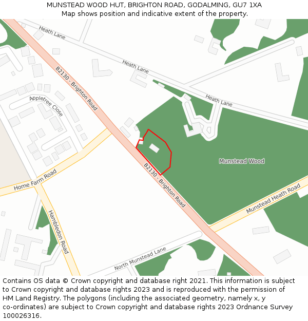 MUNSTEAD WOOD HUT, BRIGHTON ROAD, GODALMING, GU7 1XA: Location map and indicative extent of plot