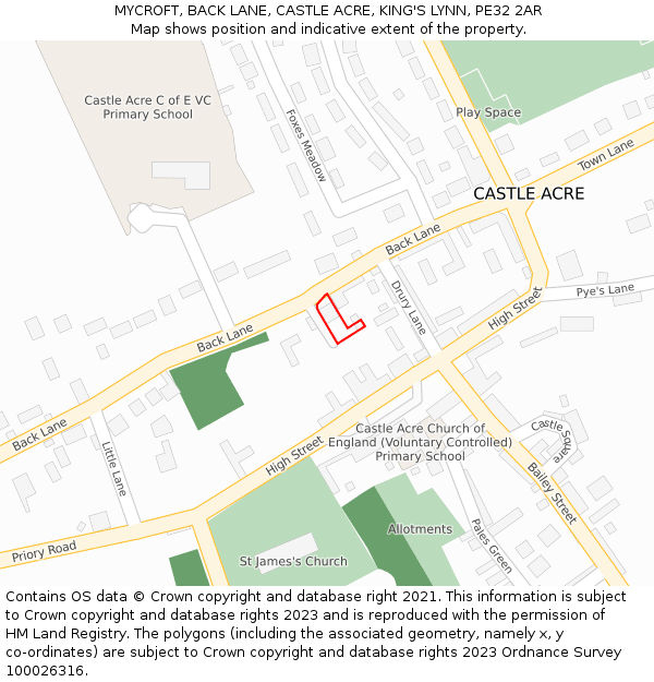 MYCROFT, BACK LANE, CASTLE ACRE, KING'S LYNN, PE32 2AR: Location map and indicative extent of plot