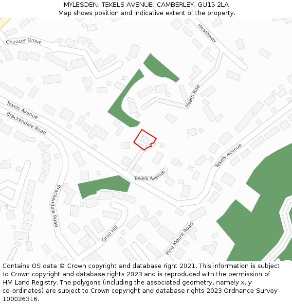 MYLESDEN, TEKELS AVENUE, CAMBERLEY, GU15 2LA: Location map and indicative extent of plot