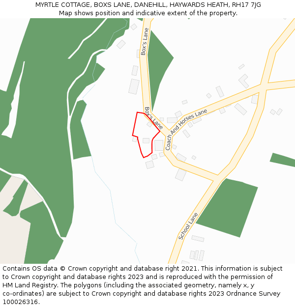 MYRTLE COTTAGE, BOXS LANE, DANEHILL, HAYWARDS HEATH, RH17 7JG: Location map and indicative extent of plot