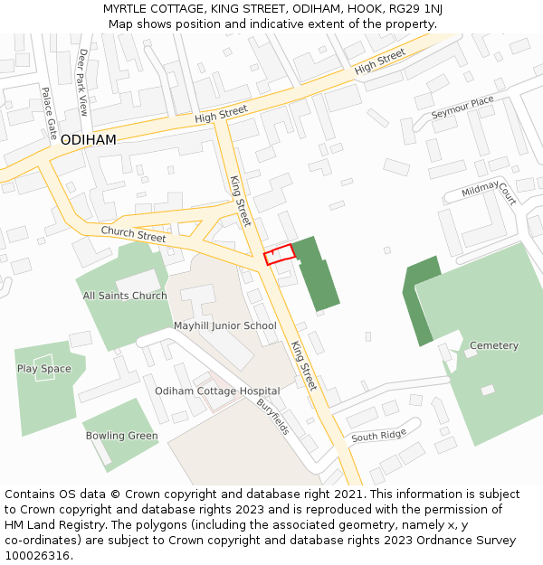 MYRTLE COTTAGE, KING STREET, ODIHAM, HOOK, RG29 1NJ: Location map and indicative extent of plot