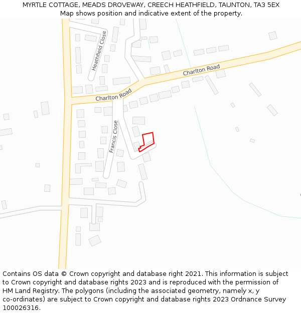 MYRTLE COTTAGE, MEADS DROVEWAY, CREECH HEATHFIELD, TAUNTON, TA3 5EX: Location map and indicative extent of plot