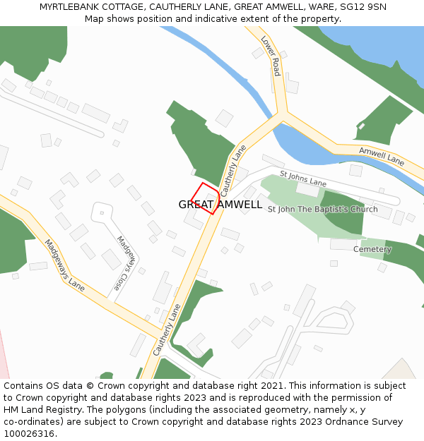 MYRTLEBANK COTTAGE, CAUTHERLY LANE, GREAT AMWELL, WARE, SG12 9SN: Location map and indicative extent of plot