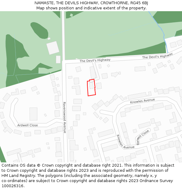 NAMASTE, THE DEVILS HIGHWAY, CROWTHORNE, RG45 6BJ: Location map and indicative extent of plot
