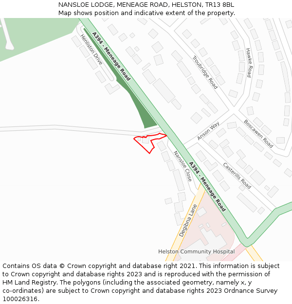 NANSLOE LODGE, MENEAGE ROAD, HELSTON, TR13 8BL: Location map and indicative extent of plot