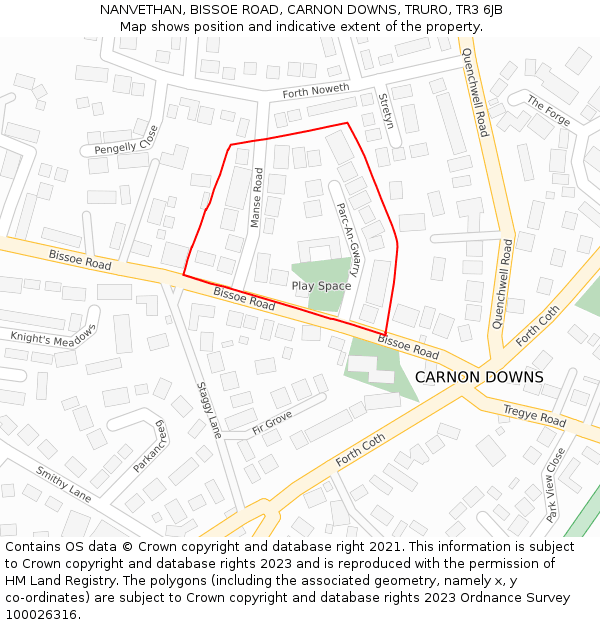 NANVETHAN, BISSOE ROAD, CARNON DOWNS, TRURO, TR3 6JB: Location map and indicative extent of plot