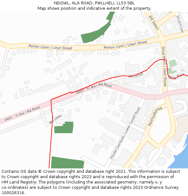 NEIGWL, ALA ROAD, PWLLHELI, LL53 5BL: Location map and indicative extent of plot