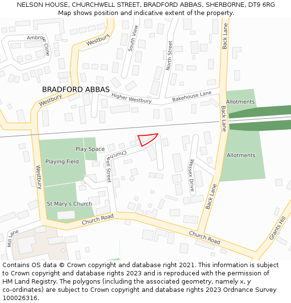 NELSON HOUSE, CHURCHWELL STREET, BRADFORD ABBAS, SHERBORNE, DT9 6RG: Location map and indicative extent of plot