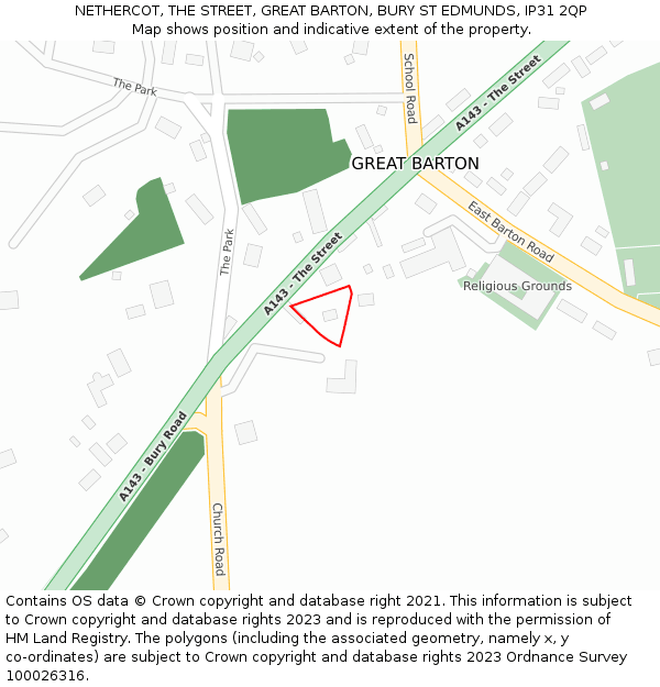 NETHERCOT, THE STREET, GREAT BARTON, BURY ST EDMUNDS, IP31 2QP: Location map and indicative extent of plot