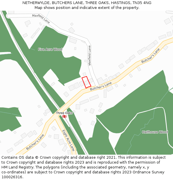 NETHERWYLDE, BUTCHERS LANE, THREE OAKS, HASTINGS, TN35 4NG: Location map and indicative extent of plot