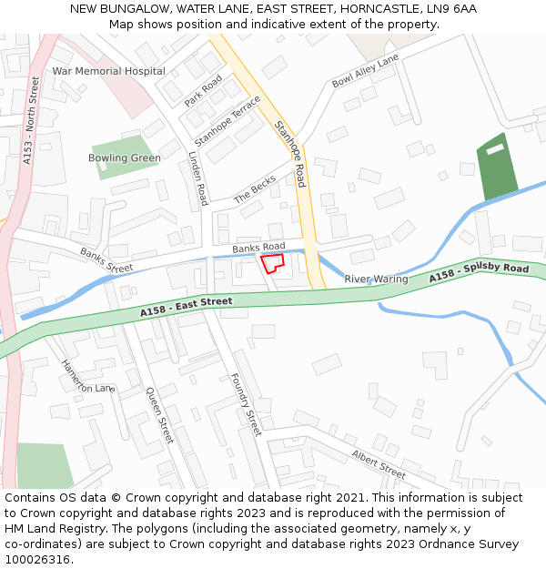 NEW BUNGALOW, WATER LANE, EAST STREET, HORNCASTLE, LN9 6AA: Location map and indicative extent of plot