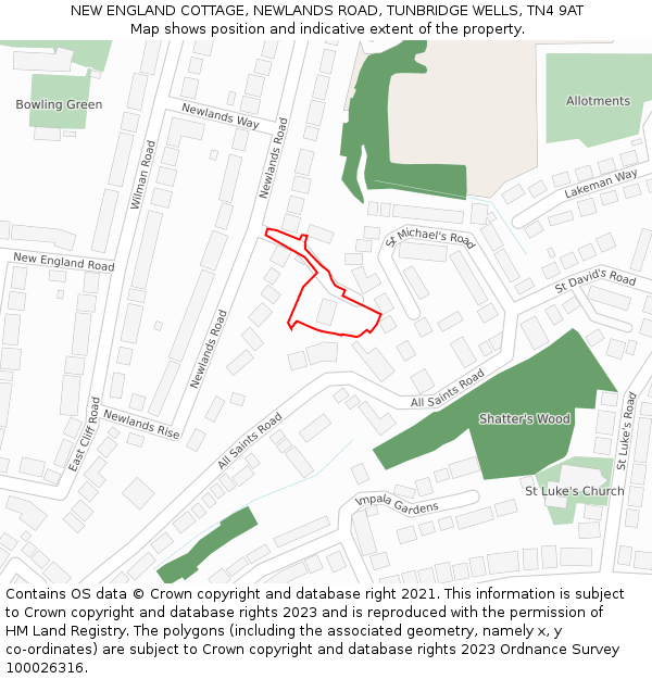 NEW ENGLAND COTTAGE, NEWLANDS ROAD, TUNBRIDGE WELLS, TN4 9AT: Location map and indicative extent of plot