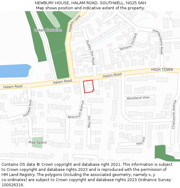 NEWBURY HOUSE, HALAM ROAD, SOUTHWELL, NG25 0AH: Location map and indicative extent of plot