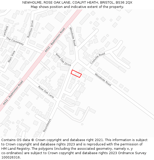 NEWHOLME, ROSE OAK LANE, COALPIT HEATH, BRISTOL, BS36 2QX: Location map and indicative extent of plot