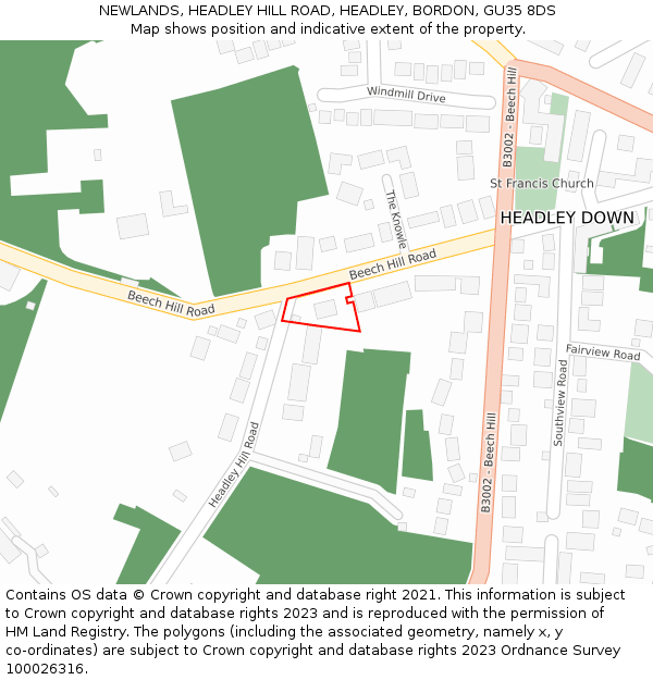 NEWLANDS, HEADLEY HILL ROAD, HEADLEY, BORDON, GU35 8DS: Location map and indicative extent of plot