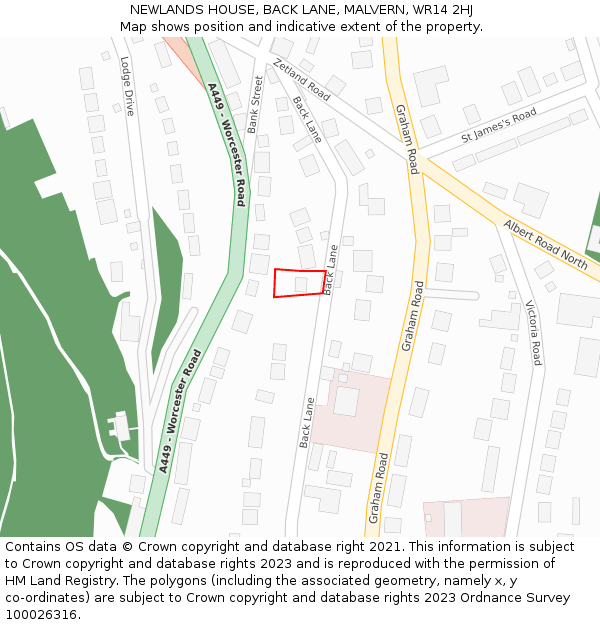 NEWLANDS HOUSE, BACK LANE, MALVERN, WR14 2HJ: Location map and indicative extent of plot