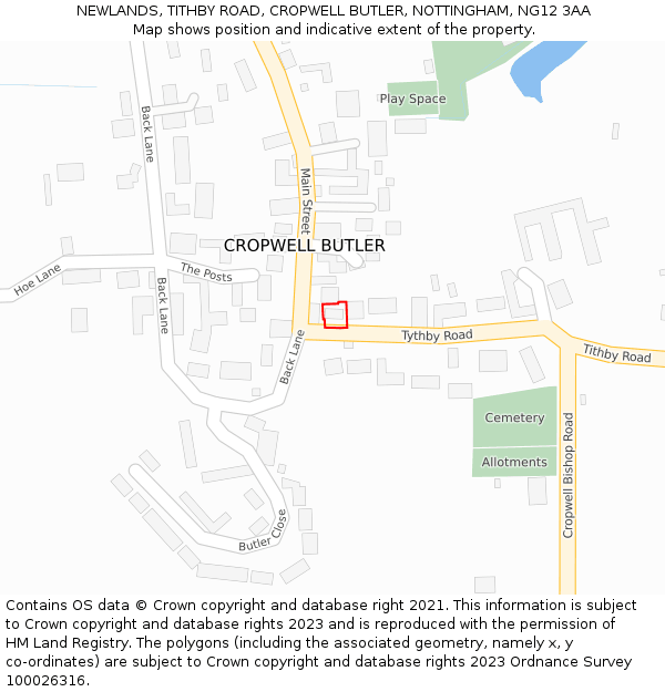 NEWLANDS, TITHBY ROAD, CROPWELL BUTLER, NOTTINGHAM, NG12 3AA: Location map and indicative extent of plot