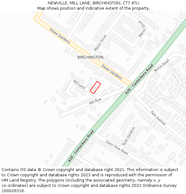 NEWVILLE, MILL LANE, BIRCHINGTON, CT7 9TU: Location map and indicative extent of plot