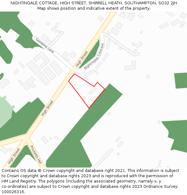 NIGHTINGALE COTTAGE, HIGH STREET, SHIRRELL HEATH, SOUTHAMPTON, SO32 2JH: Location map and indicative extent of plot