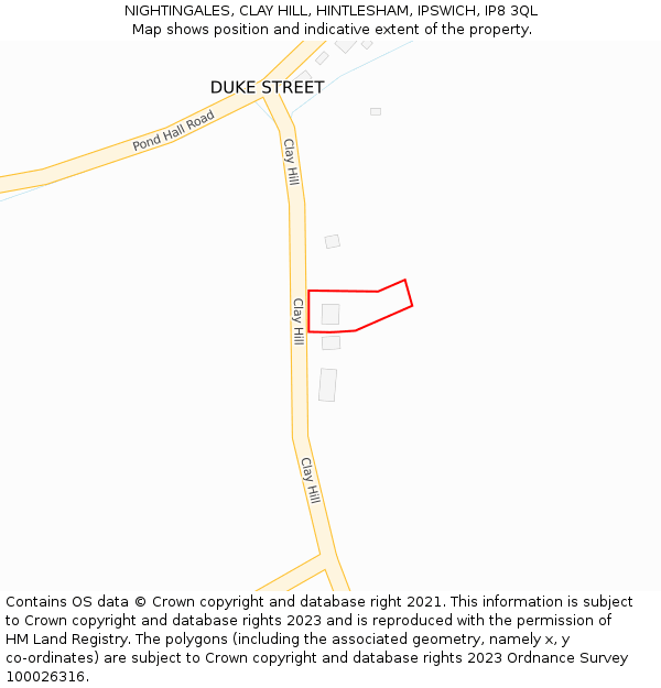NIGHTINGALES, CLAY HILL, HINTLESHAM, IPSWICH, IP8 3QL: Location map and indicative extent of plot