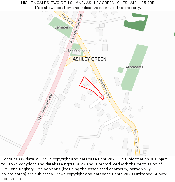 NIGHTINGALES, TWO DELLS LANE, ASHLEY GREEN, CHESHAM, HP5 3RB: Location map and indicative extent of plot