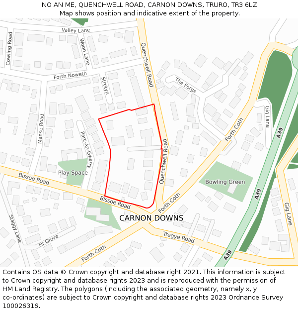 NO AN ME, QUENCHWELL ROAD, CARNON DOWNS, TRURO, TR3 6LZ: Location map and indicative extent of plot