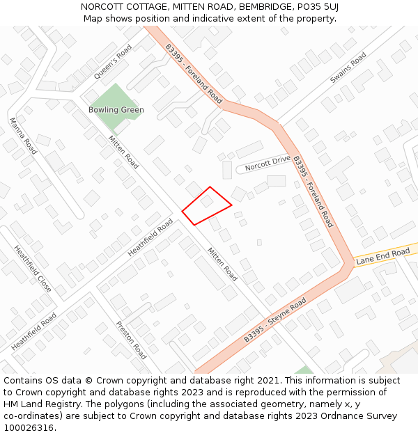 NORCOTT COTTAGE, MITTEN ROAD, BEMBRIDGE, PO35 5UJ: Location map and indicative extent of plot