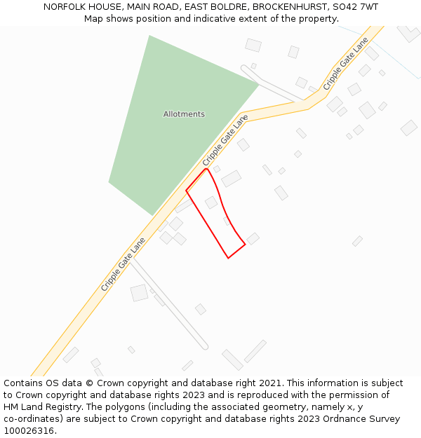 NORFOLK HOUSE, MAIN ROAD, EAST BOLDRE, BROCKENHURST, SO42 7WT: Location map and indicative extent of plot