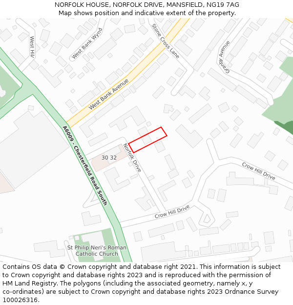 NORFOLK HOUSE, NORFOLK DRIVE, MANSFIELD, NG19 7AG: Location map and indicative extent of plot