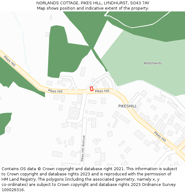 NORLANDS COTTAGE, PIKES HILL, LYNDHURST, SO43 7AY: Location map and indicative extent of plot