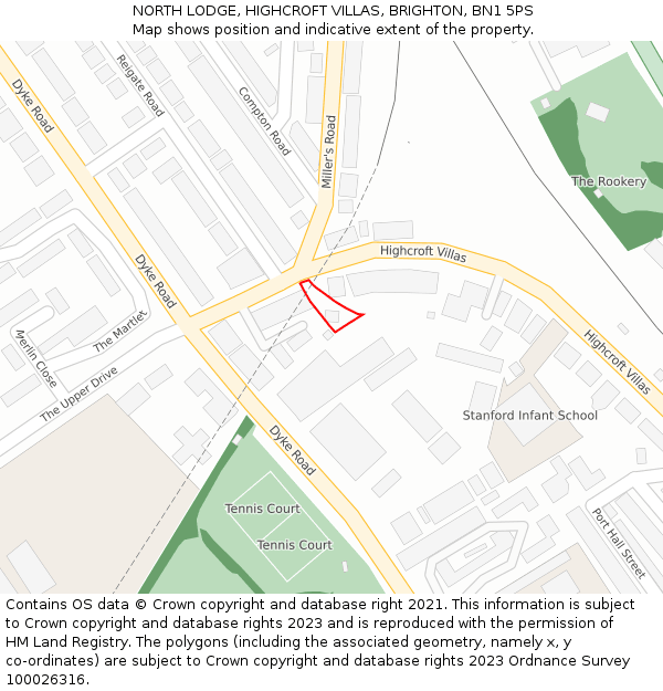 NORTH LODGE, HIGHCROFT VILLAS, BRIGHTON, BN1 5PS: Location map and indicative extent of plot