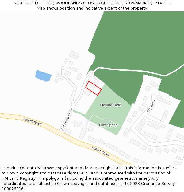 NORTHFIELD LODGE, WOODLANDS CLOSE, ONEHOUSE, STOWMARKET, IP14 3HL: Location map and indicative extent of plot
