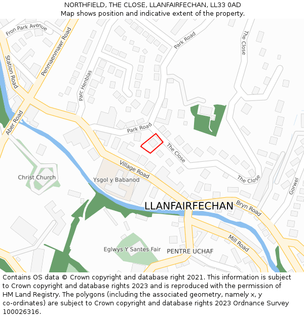 NORTHFIELD, THE CLOSE, LLANFAIRFECHAN, LL33 0AD: Location map and indicative extent of plot