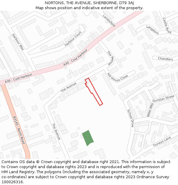 NORTONS, THE AVENUE, SHERBORNE, DT9 3AJ: Location map and indicative extent of plot