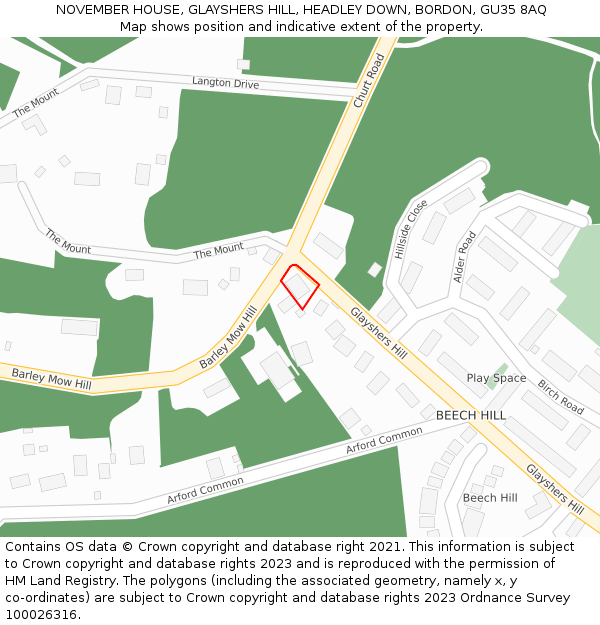 NOVEMBER HOUSE, GLAYSHERS HILL, HEADLEY DOWN, BORDON, GU35 8AQ: Location map and indicative extent of plot