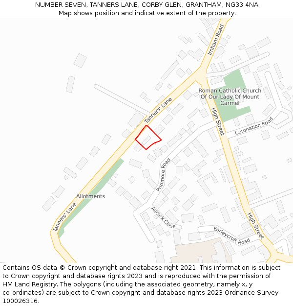 NUMBER SEVEN, TANNERS LANE, CORBY GLEN, GRANTHAM, NG33 4NA: Location map and indicative extent of plot