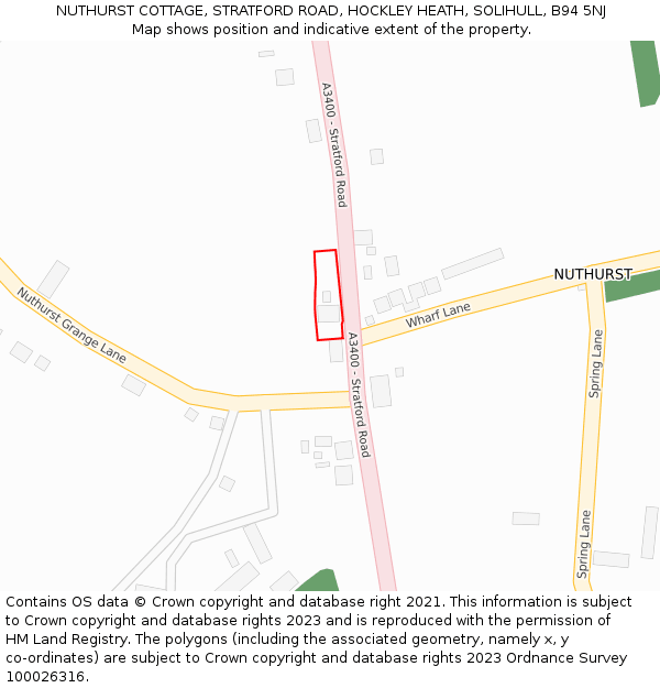 NUTHURST COTTAGE, STRATFORD ROAD, HOCKLEY HEATH, SOLIHULL, B94 5NJ: Location map and indicative extent of plot