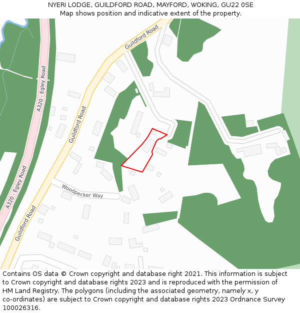 NYERI LODGE, GUILDFORD ROAD, MAYFORD, WOKING, GU22 0SE: Location map and indicative extent of plot
