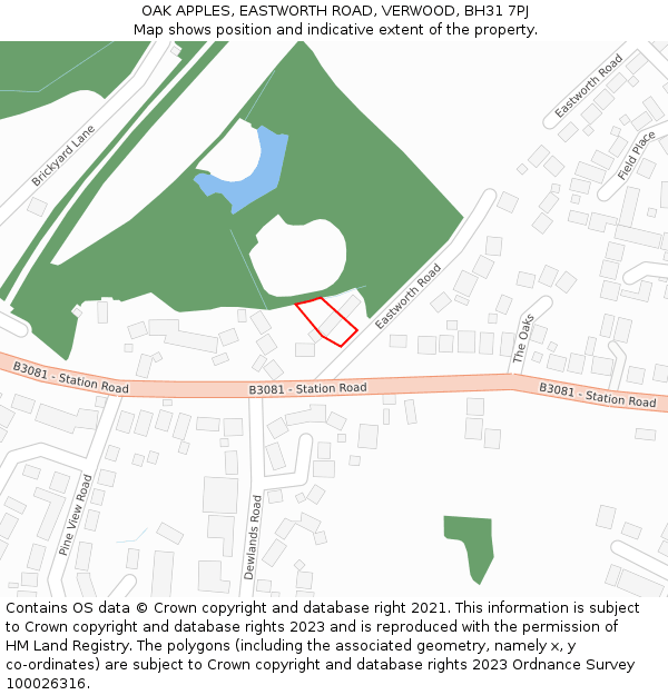 OAK APPLES, EASTWORTH ROAD, VERWOOD, BH31 7PJ: Location map and indicative extent of plot
