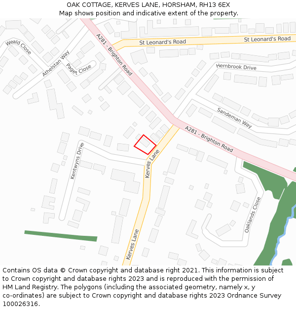 OAK COTTAGE, KERVES LANE, HORSHAM, RH13 6EX: Location map and indicative extent of plot