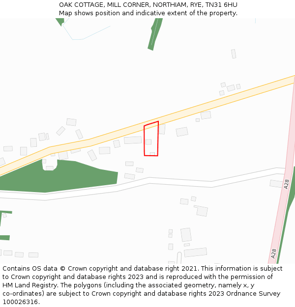 OAK COTTAGE, MILL CORNER, NORTHIAM, RYE, TN31 6HU: Location map and indicative extent of plot