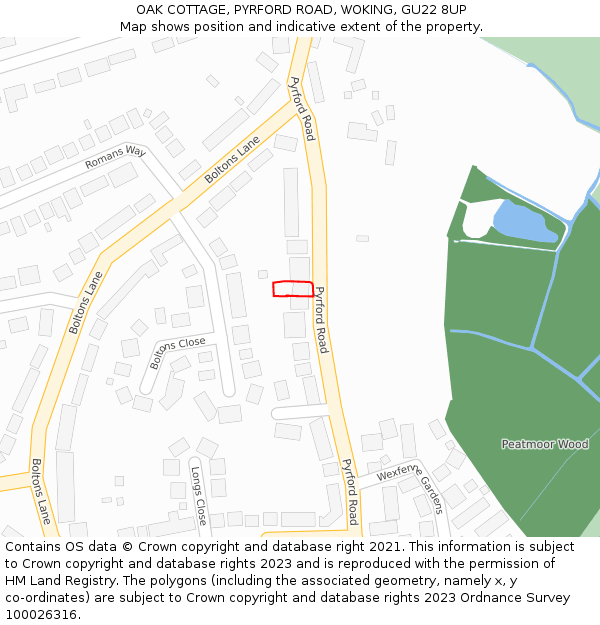 OAK COTTAGE, PYRFORD ROAD, WOKING, GU22 8UP: Location map and indicative extent of plot