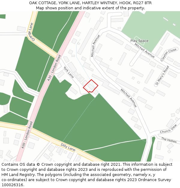 OAK COTTAGE, YORK LANE, HARTLEY WINTNEY, HOOK, RG27 8TR: Location map and indicative extent of plot