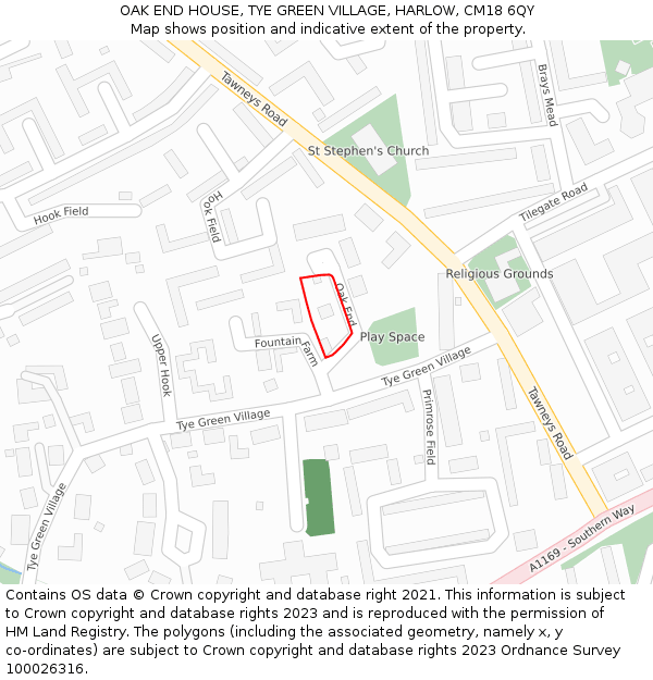 OAK END HOUSE, TYE GREEN VILLAGE, HARLOW, CM18 6QY: Location map and indicative extent of plot